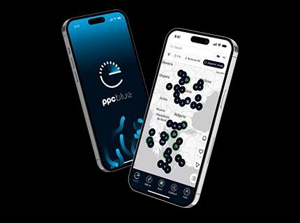 Aplicația mobilă PPC blue cu harta stațiilor de încărcare